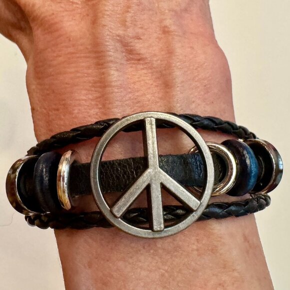 Boho Peace Sign Faux Leather Bracelet – 8” Blue and Black #1482 - Picture 6 of 10